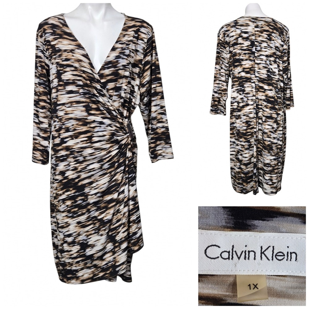 Calvin Klein dress 1X Faux Wrap Abstract Print 3/4 Sleeve V-Neck Ruched stretch